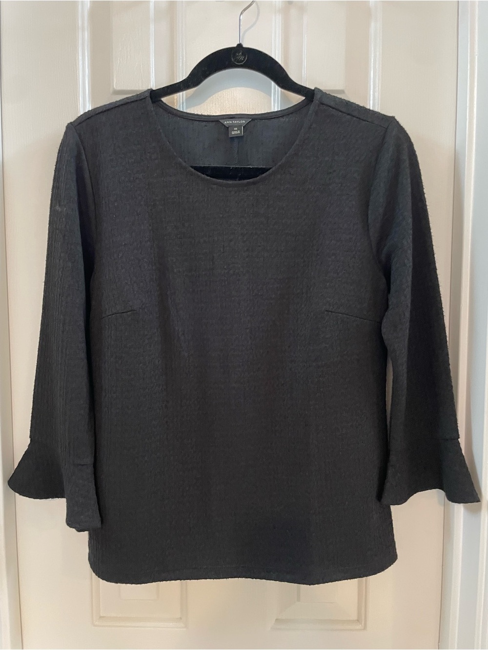 Ann Taylor Black Textured Bell-Sleeve Top